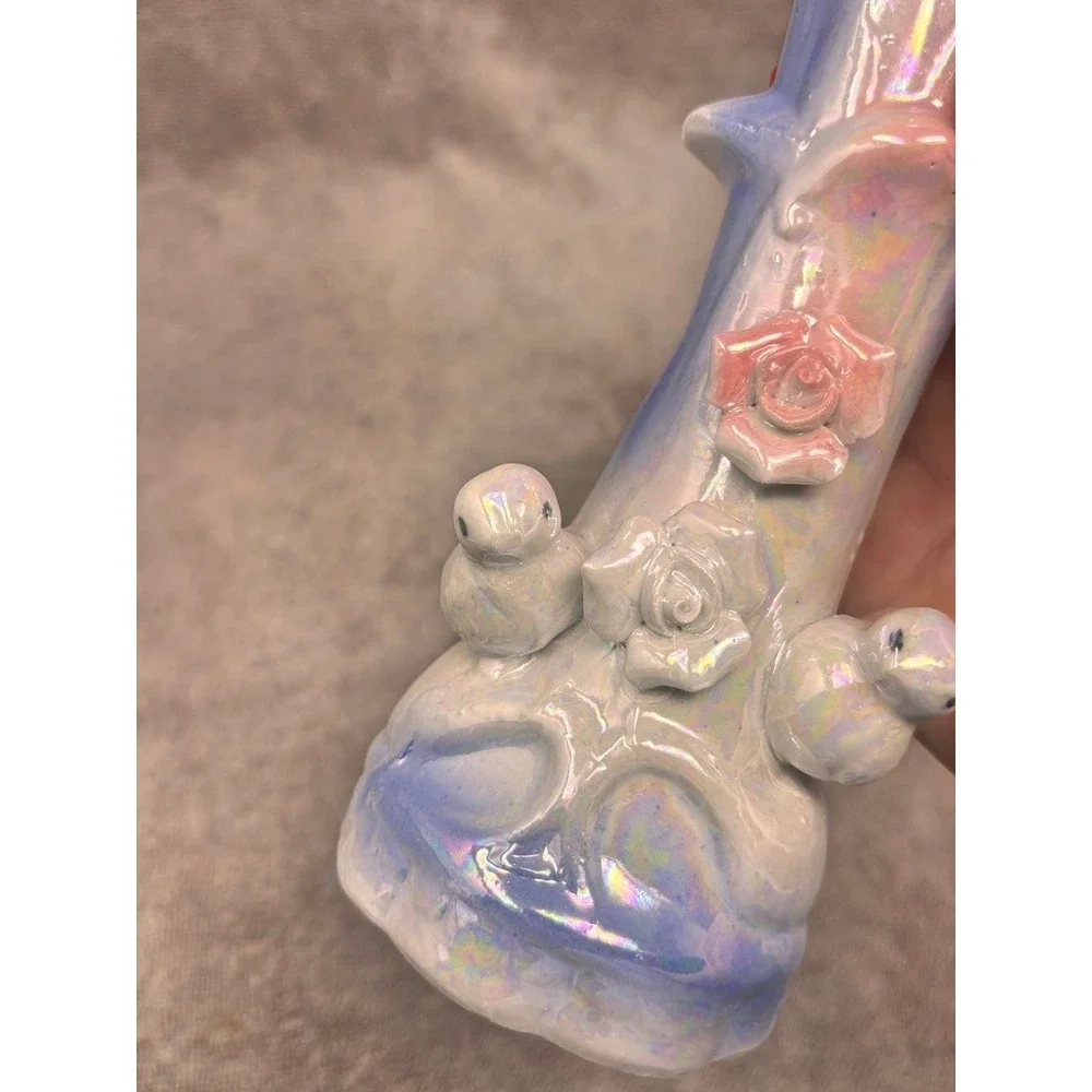 Vintage Iridescent Lusterware Bird Bud Vase Pink Blue Roses Japan 7.5